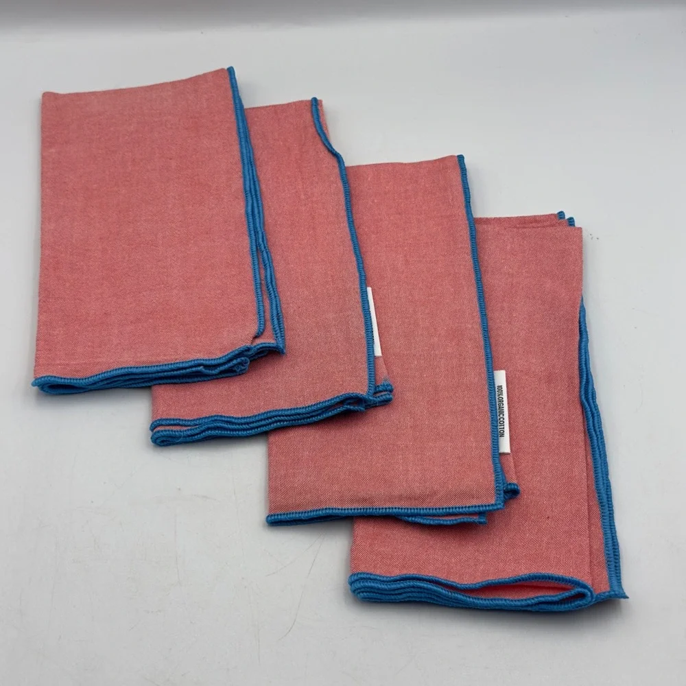 Ableworth Organic Cotton Napkins Set of 4 Red Blue Merrow Edge 18x18 Square